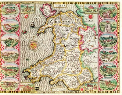 Wales, gegraveerd door Jodocus Hondius uit John Speed